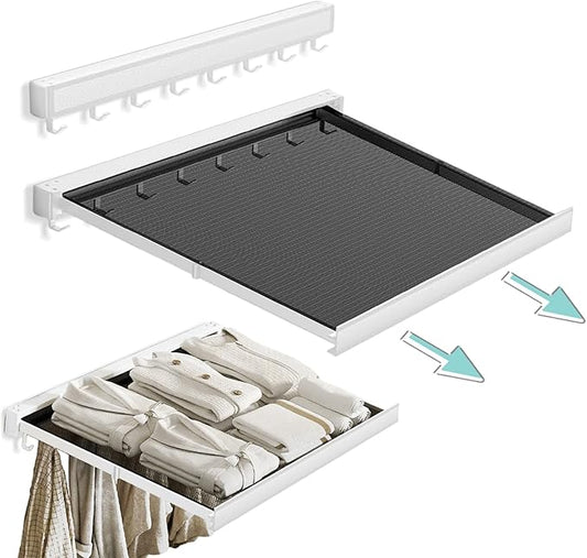 LETINE Wall Mounted Drying Rack: Retractable Indoor Clothes Drying Rack â Aluminum Alloy Frame w/Soft Mesh Surface. Laundry Rack & Temp Shelf for Balcony, Bathroom, Kitchen. Includes 6 Hooks.