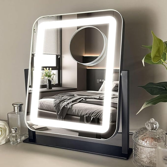 HNV Vanity Mirror with Lights - 15"x13" LED Lighted Makeup Mirror, Dimmable Touch Screen with 3-Color Lighting, 360Â° Rotation, Black Aluminum Frame for Vanity Desk, Bedroom, Tabletop