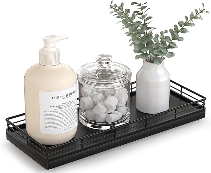 Bathroom Tray for Counter Top Organizer â Oak Wood Vanity Tray with Metal Frame for Dresser, Kitchen, Nightstand â Black Decorative Storage