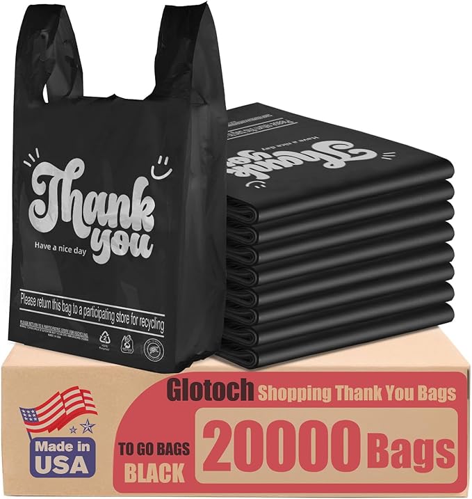 Glotoch 20000 (20K) Count Black Plastic Thank You T-shirt Bags, 11.5 x 6.5 x 21" Grocery Shopping Bag with Handles for Restaurant, Retail, Togo, Takeout, Convenience Stores, in Bulk for Small Business