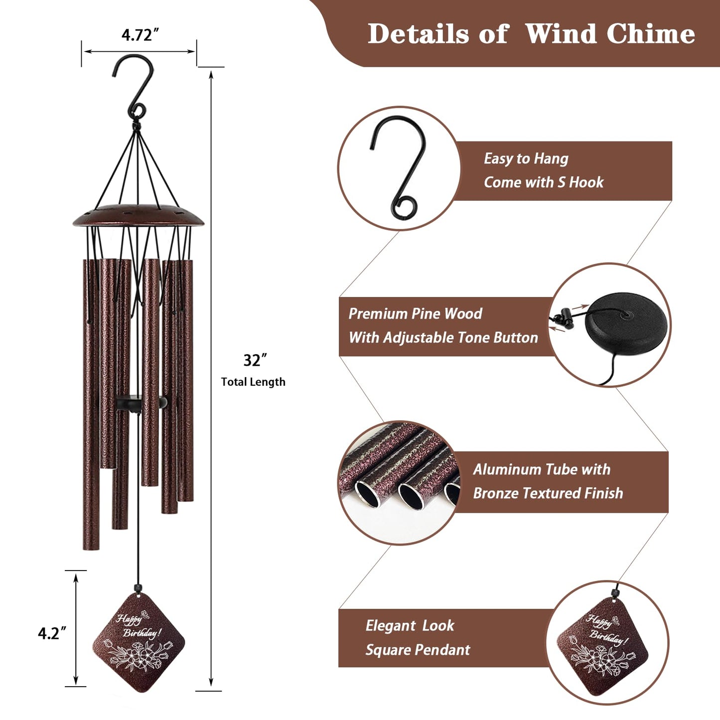 Doopeer Birthday Gifts for Women Men, Unique Birthday Gift Ideas for Her, Friends, Coworkers, Colleague, 32" Bronze Wind Chimes