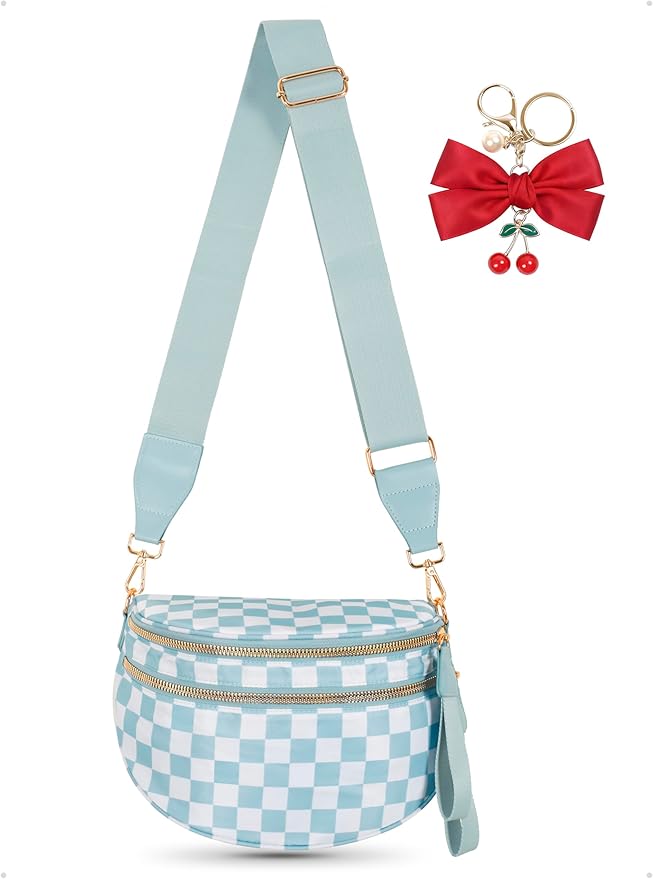 Checkered Crossbody Bag for Women, Spacious Sling & Stylish Bum Bag for Travel, Concerts, Festival, Nylon Fanny Pack Belt Bag (Colour Bum Bag-Ice Blue Checkered)