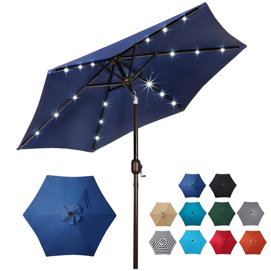 Blissun 7.5 ft Solar Umbrella, 18 LED Lighted Patio Umbrella, Table Market Umbrella, Navy Blue