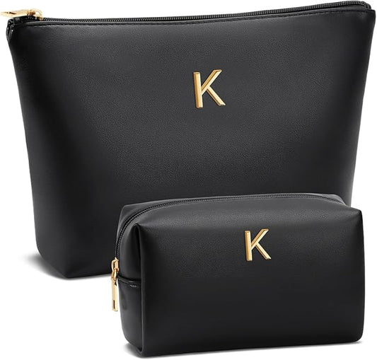 Valentine's Day Gifts for Women Girlfriend Initial Makeup Bag for Teen Girls Personalized Gifts for Friend Teacher Mom Wife Cosmetic Travel Toiletry Bag(Black,K)