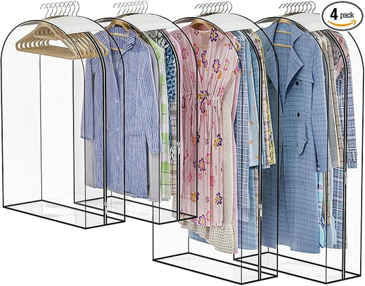 Upgraded Thickened Clear Garment Bags for Hanging Clothes 4 Packs (40 & 50 inch), 10â Gusseted Clothes Hanging Storage Bags for Closet, Shirts, Coats, Dresses