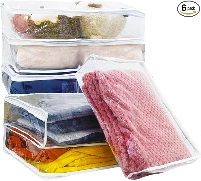Esme L&H 6Pcs Sweater Storage Bags for Clothes, Clear Storage Bags with Zipper for Sweater Blanket Bed Sheet, Zippered Clothing for Blanket,Bedsheet,Linen,Bedding,16 * 12 * 4 Inch