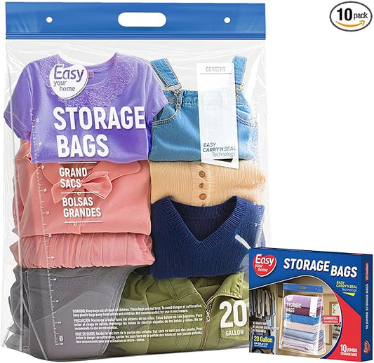 10PCS 20 Gallon Zipper Large Storage Bags with Handle and Bottom, Reusable Jamboo Plastic Duty Bags for Cloth Storage Travel Moving Outdoor Freezer,BPA-Free, 24"x31"+7", 3.15-Mil Thick