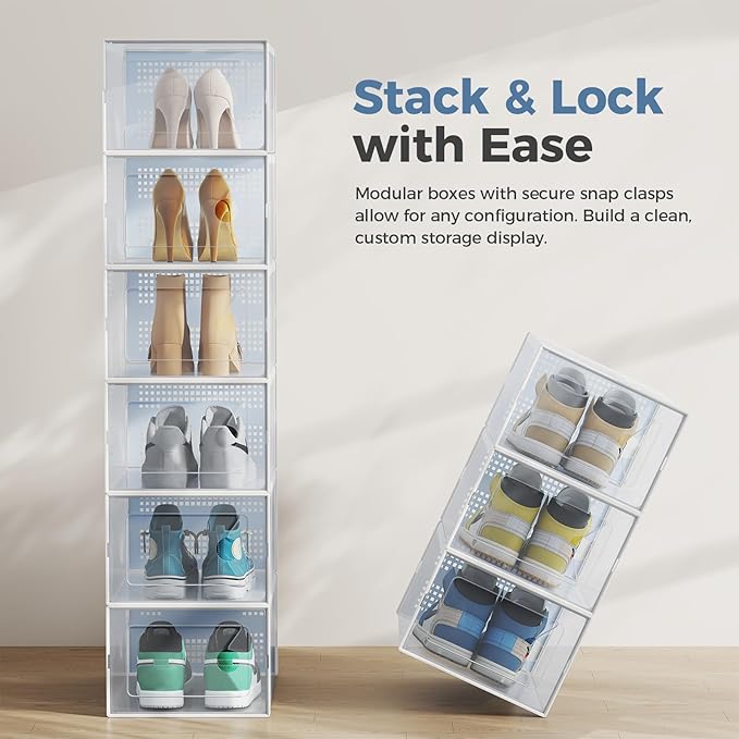 DUMOS Clear Shoe Storage Boxes, 12-Pack Plastic Stackable Shoe Containers with Lids, Display Sneaker Case Organizer for Closet, Under Bed, Entryway,White (Fit Size 11)