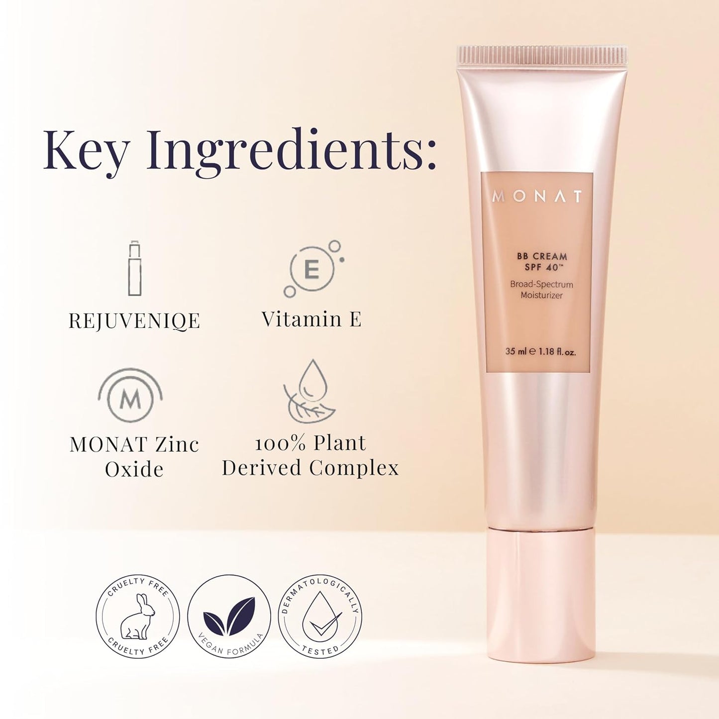 Monat BB Cream SPF 40 - Vanilla Broad-Spectrum Moisturizer, Lightweight Tinted Coverage, Fragrance-Free, 35ml/1.18 fl. oz.