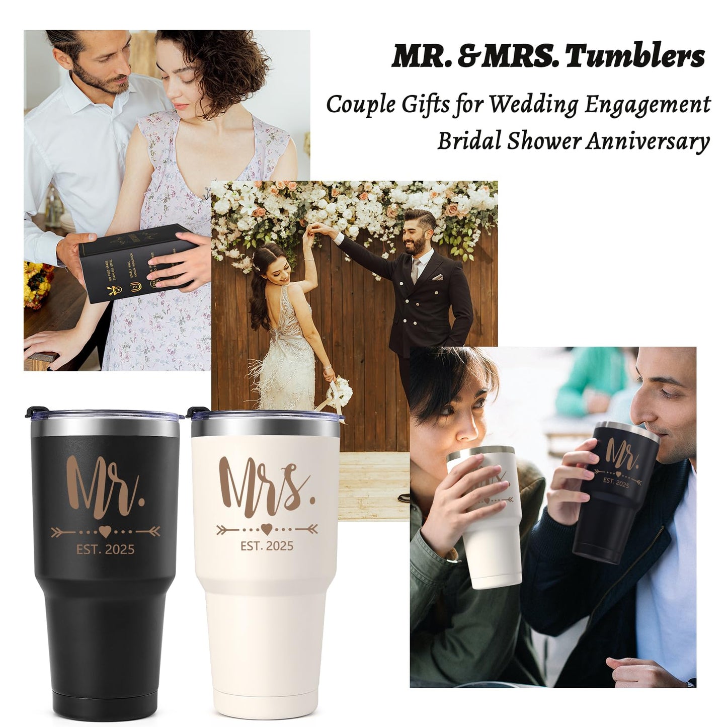 Gtmileo Mr & Mrs EST 2025 Stainless Steel Insulated Tumbler Set, Wedding Gifts for Couples, Bridal Shower Gifts - 30oz, Black&Beige