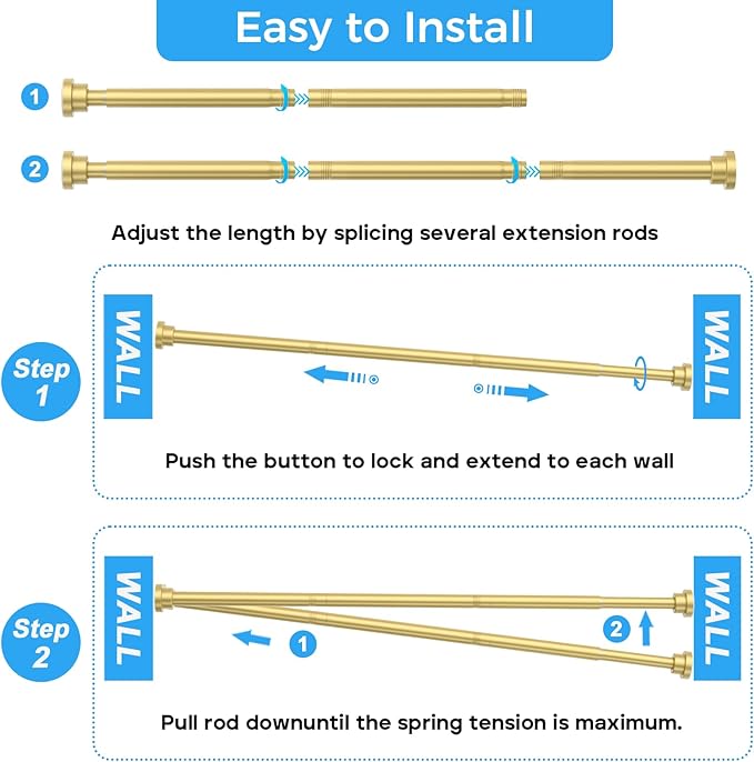 Shower Curtain Rod 31-49 Inch,0.87"Diameter Adjustable Spring Tension Curtain Rods No Drill,Warm Gold Shower Tension Rod for Bathroom,Room Divider,Window,Anti-Rust Non-Slip 1-Pack