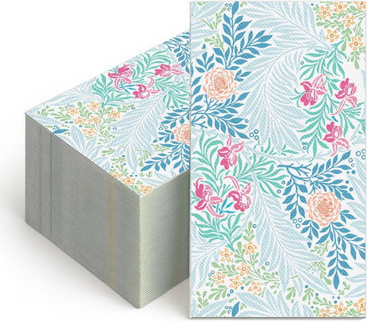 100 Pcs Disposable Hand Towel, Vintage Floral Bird Paper Napkins Watercolor Guest Napkins Wild Flower Bird Decorative Paper Guest for Bathroom Birthday Party Baby Shower (Blueflower)