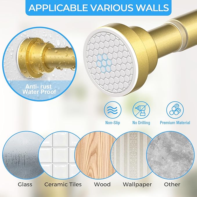 AIZESI Tension Curtain Rod 28 to 48 Inch Adjustable No Drilling 7/8" Diameter Gold Curtain Rod, Small Shower Curtain Rod for Woindow, Bathroom, Doorway, Closet, Kitchen