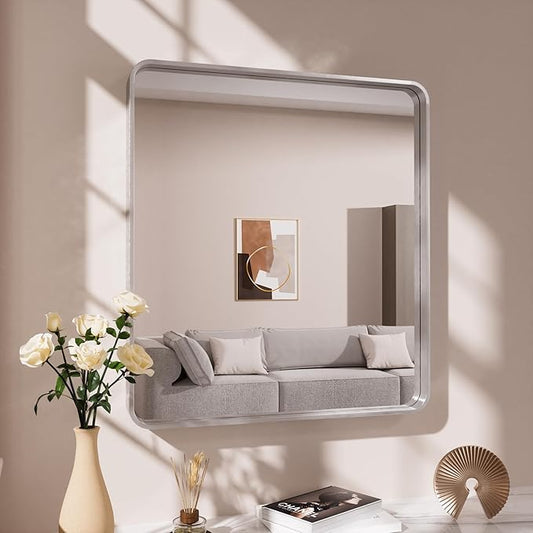 Brushed Nickel Bathroom Mirror, 30x36 Inch Thick Silver Metal Rectangle Frame Wall Mirror, Modern Round Corner Bathroom Vanity Mirror for Over Sink, Bedroom, Living Room, Entryway