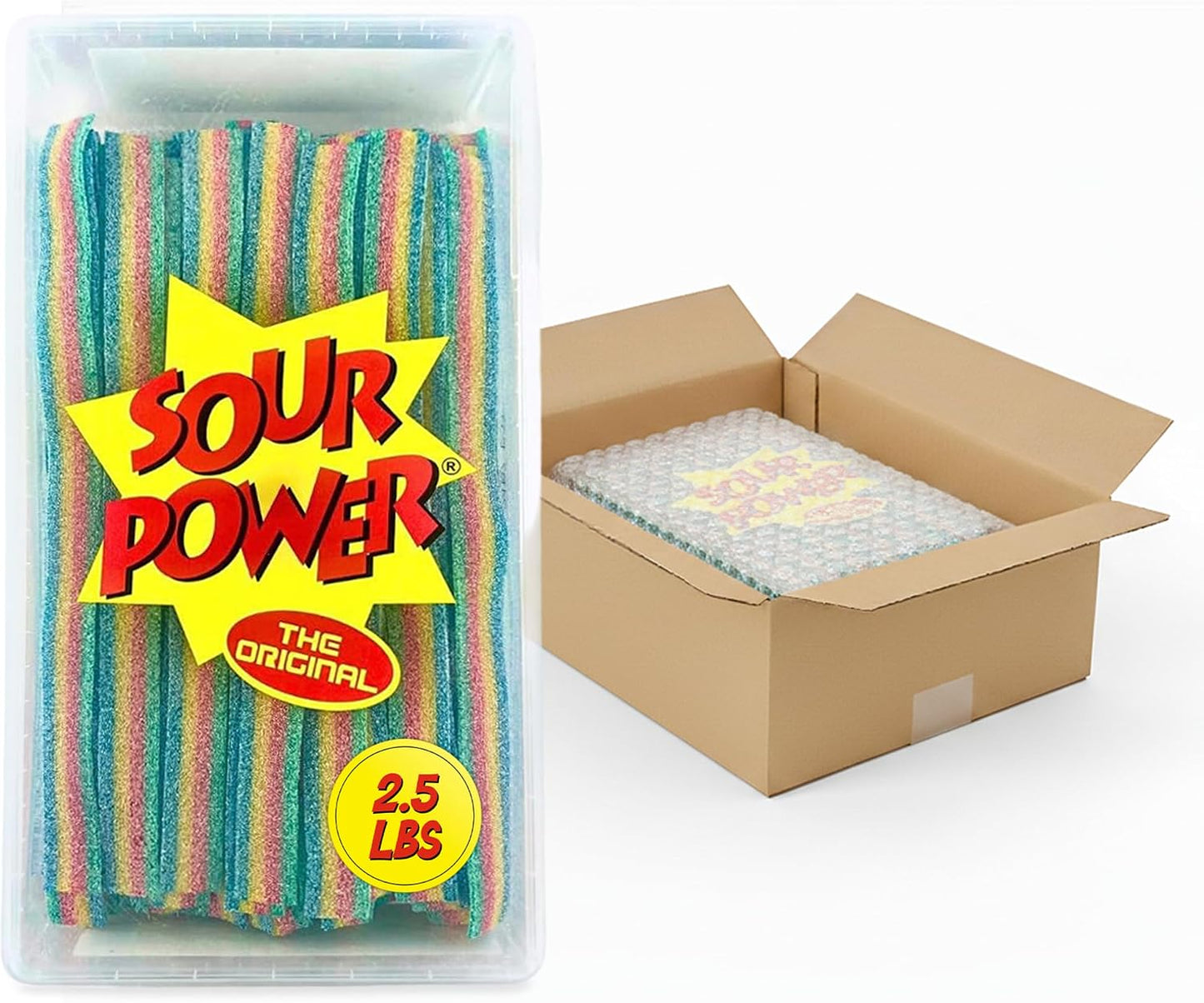 Sour Power Quattro Rainbow Candy Belts, 2.5 lb Bulk Tub Resealable, Vegan Four Flavor Sour Belt Strips Since 1985, Soft Chewy Sweet Tart, Non-GMO Gelatin Free, Bubble Wrapped & Boxed for Shipping