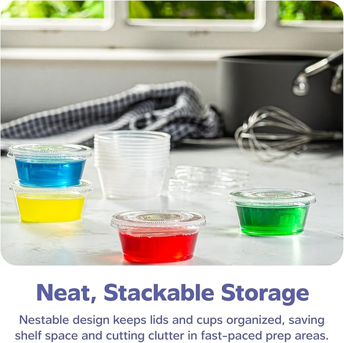 GUSTO 3.25 oz Jello Shot Cups with Lids [100 Count] Clear Plastic Portion Containers, Condiment Cups for Sauces, Dressings & Samples – Durable, Stackable, Leak-Resistant (Formerly Comfy Package)