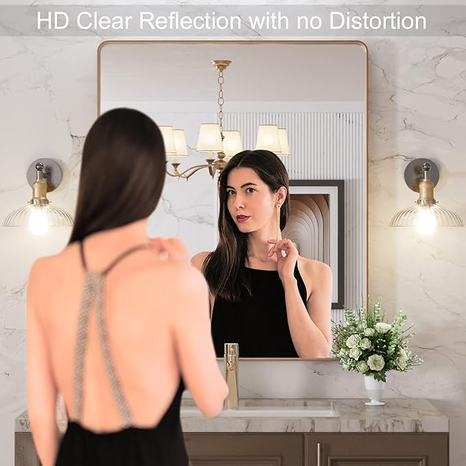 LOAAO 30”X36” Gold Bathroom Mirror, Rounded Rectangle Gold Frame Mirror, Brushed Gold Bathroom Vanity Mirror Wall-Mounted, Anti-Rust, Tempered Glass, Hangs Horizontally or Vertically
