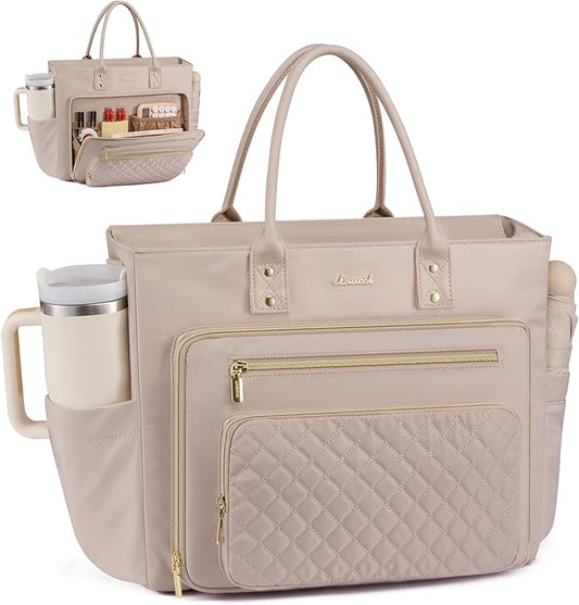 LOVEVOOK Teacher Tote Bag for Women Work, Laptop Bag With Large Cup Holder, Nurse Bags Professional Briefcase Business Computer Purses Handbag,Light Pink,15.6 Inch