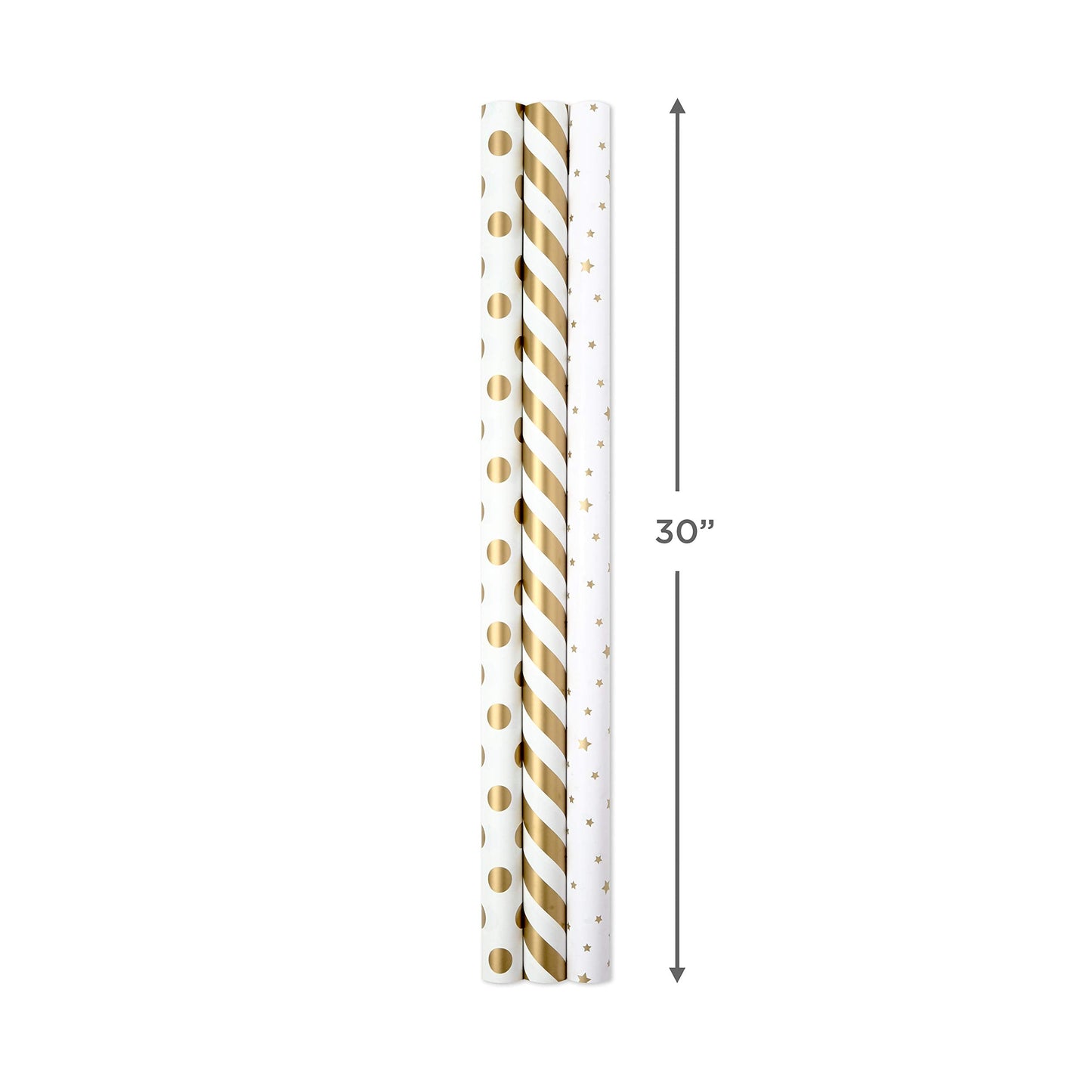 Hallmark Wrapping Paper Rolls for Weddings, Bridal Showers, Birthdays - Gold and White Gift Wrap Paper (Set of 3 Rolls: 105 sq. ft. ttl.) Metallic Striped and Polka Dot for All Occasions