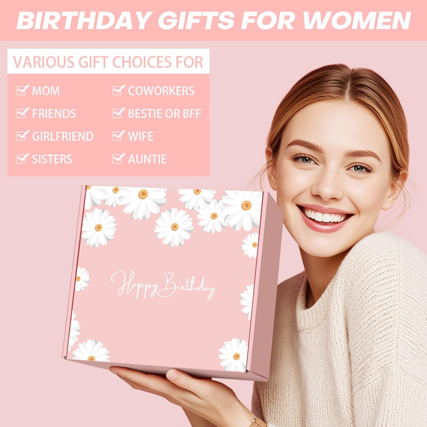 Birthday Gifts for Women Friendship, Happy Birthday Gifts Basket for Mom Friend Sister Wife Her Birthday Gift Unique, Luxury Self Care Gift Rose Relaxing Spa Gifts Set with 3D Birthday Card for Women