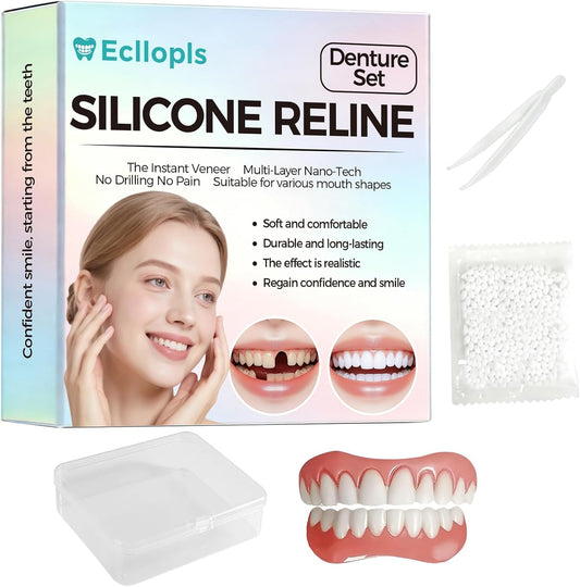 Temporary Dentures for Women and Men - Moldable Silicone False Teeth, Upper & Lower Veneers Set for At-Home Smile Fix