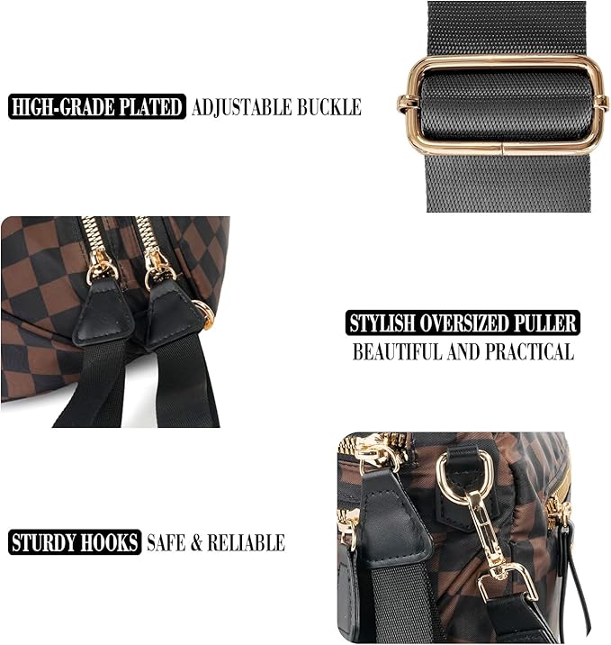 Checkered Crossbody Bag for Women, Spacious Sling & Stylish Bum Bag for Travel, Concerts, Festival, Nylon Fanny Pack Belt Bag (Brown Black Checkered)