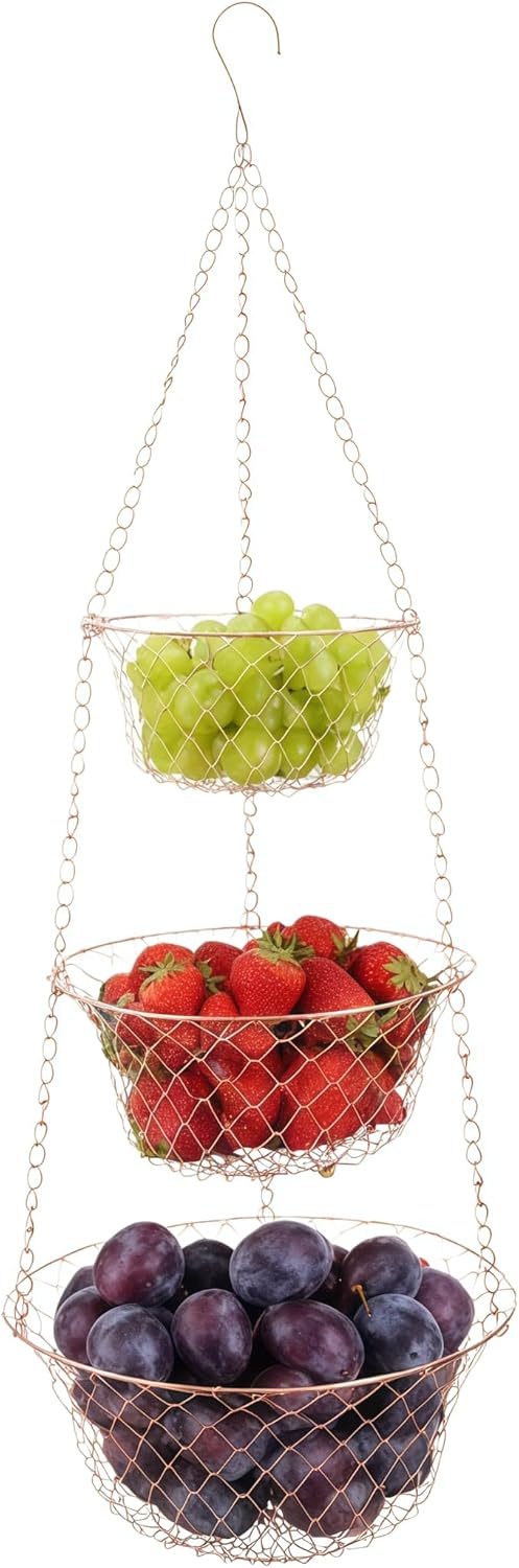 3-Tier Copper Hanging Basket for Kitchen & Bathroom Maximize Space with This Foldable Fruit & Veggie Organizer; Rust-Resistant Storage for Pantry, Counter, or Balcony