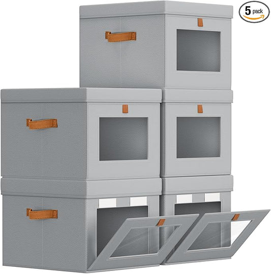 Storage Bins with Lid â Closet Organizer with Side Opening and Clear Window, Foldable Stackable Fabric Basket for Clothes, Home, Office - 13.77" x 11.8" x 9.8", 5 Pack, Grey