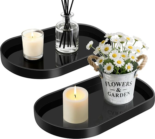 Acrylic Vanity Serving Trayâ14"x8.5" Decorative Capsule Shape Tray for Bathroom, Dresser, Coffee Table â Sleek Minimalist Lucite Tray for Perfume, Jewelry, Makeup Organizer (2Pack, Glossy Black)