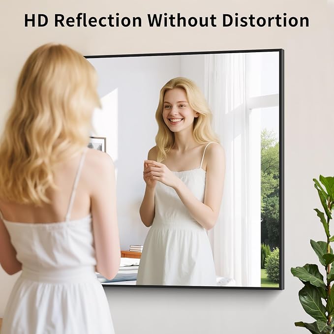 Koonmi Black Framed Bathroom Mirror - Shatterproof 32"x28" Tempered Glass, HD No Distortion, Horizontal/Vertical Mount, Modern Matte Aluminum Alloy Frame