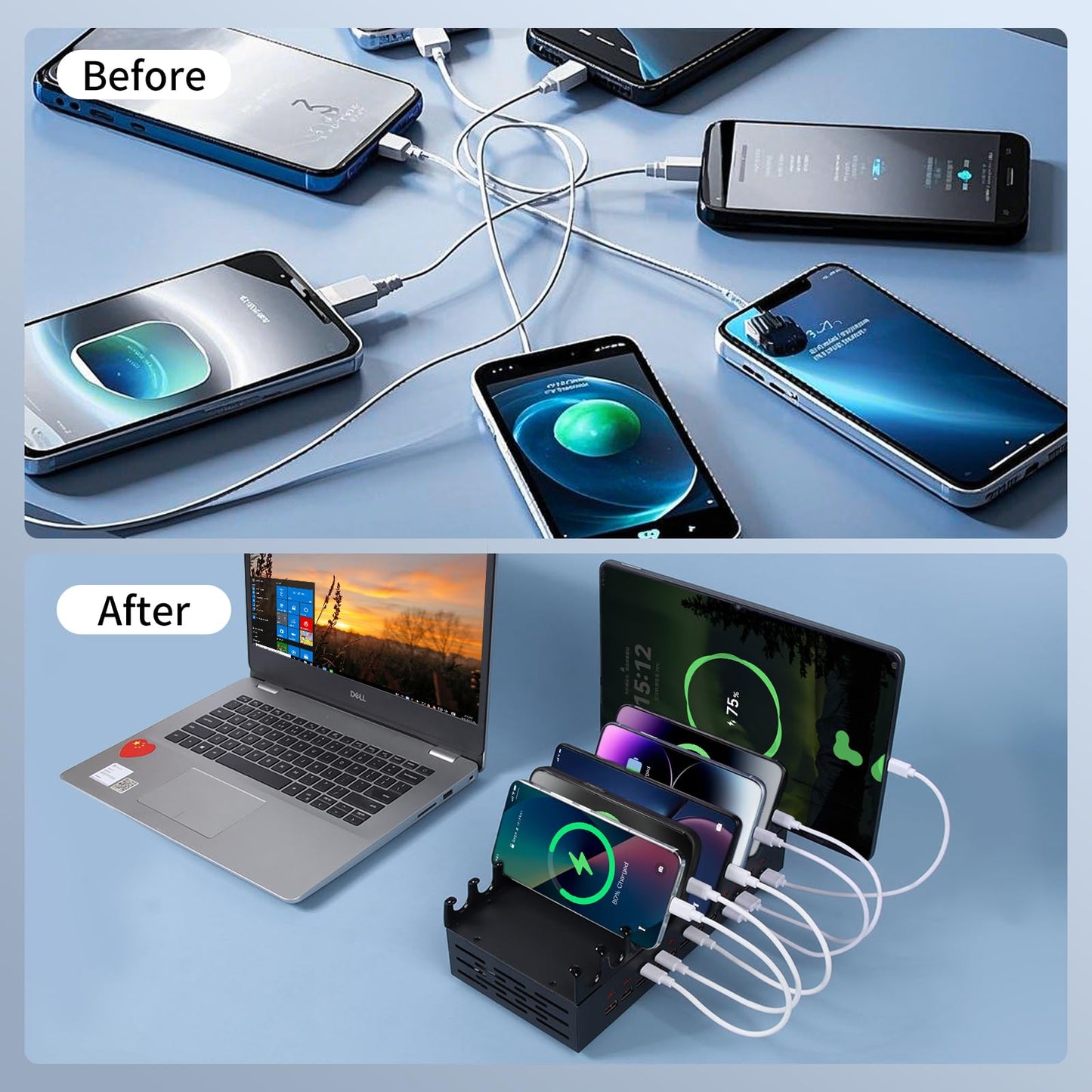 300W Charging Station for Multiple Devices - 24 Ports USB Fast Charging Station with Smart Power Delivery - Kindle, Phone, Tablet Charger Station for Home, Office, School