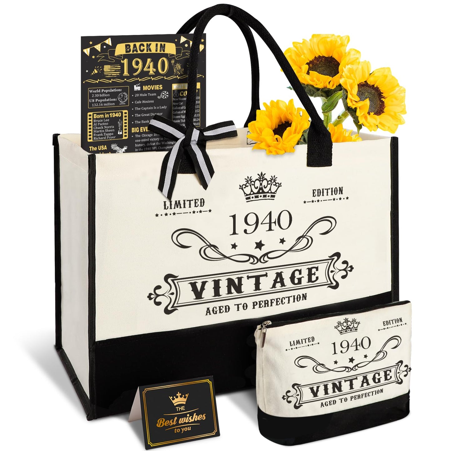 85th Birthday Gifts for Women Canvas Tote Bag Travel Gear, Unique 85 Years Old Birthday Gifts for Mom Wife Aunt Friends Her, Vintage 1940 Handbag & Cosmetic Bag & Back in 1940 Poster