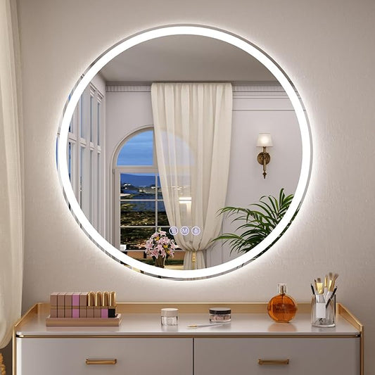 BEAUTYPEAK 28x28 LED Round Bathroom Mirror with Lights, Anti-Fog, Dimmable, Backlit + Front Lit, Lighted Bathroom Vanity Mirror for Wall, 3 Colors, Memory Function, Tempered Glass, Shatter-Proof