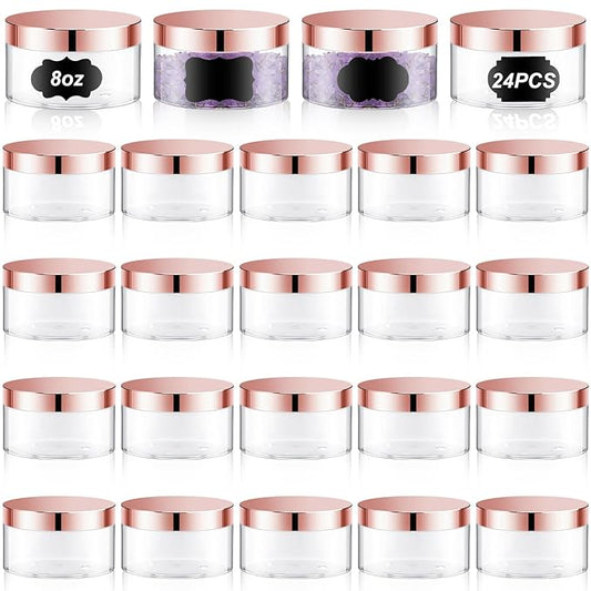 Dandat 24 Pcs 8 oz Plastic Jar Container with Lid and Label Refillable Empty Round Clear with Rose Gold Pet Cosmetic Sample Slime Containers for Lotion, Cream, Ointments, Body Butter, Travel Storage