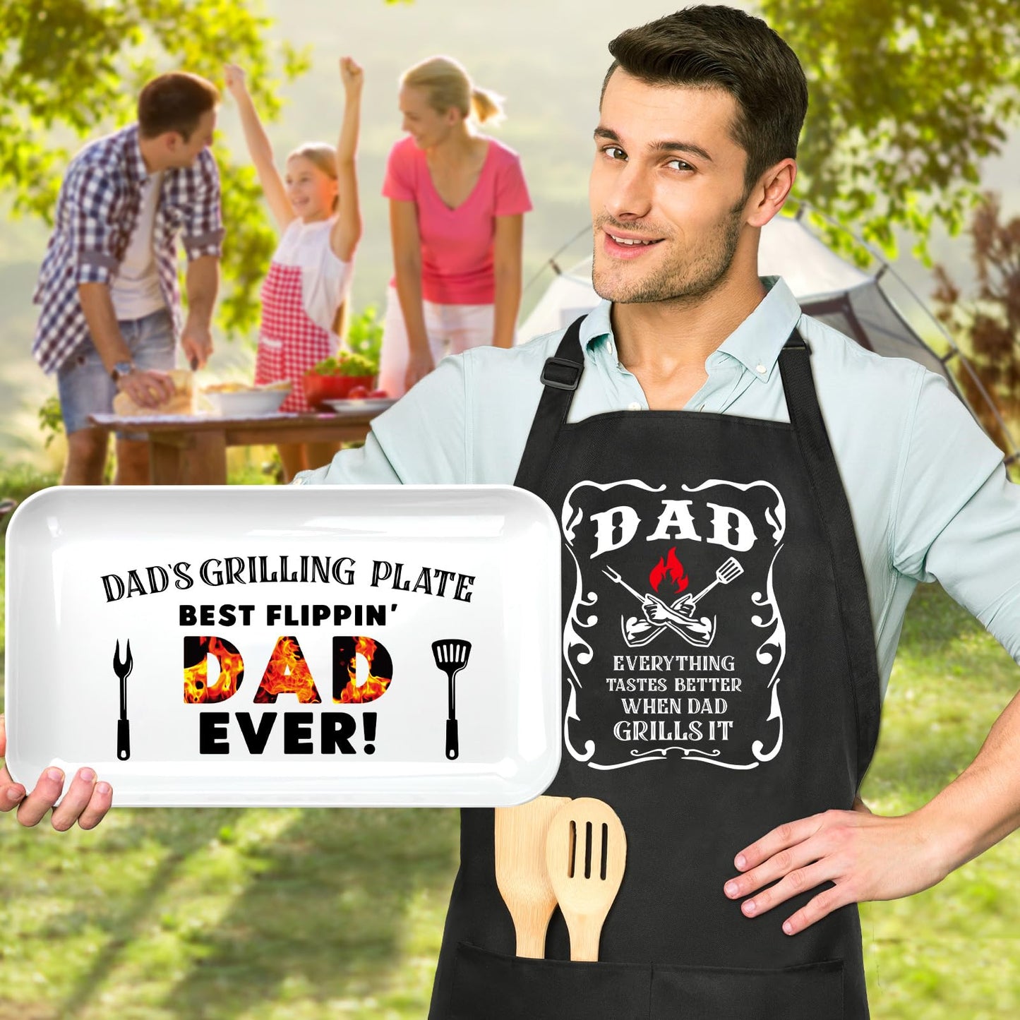 Fathers Day Dad Gifts from Daughter Son, Personalized Grilling Platter & Apron Set Birthday Gifts for Dad Papa Bonus Step Father in Law, Cool Grill BBQ Serving Tray Gift for Daddy Father's Day