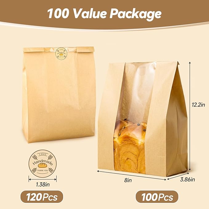 Tripho 100 Pcs Bread Bags for Homemade Bread with Clear Window & 120 Stickers, Sourdough Bread Bags for Storage of Bread,Cookies & Snacks, Large Bakery Paper Bags