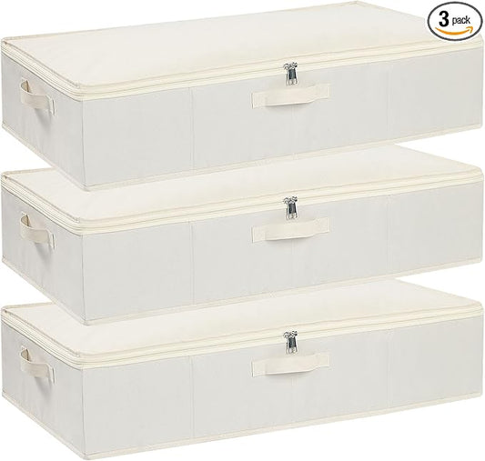 Clothes Organizers, Under Bed Storage Containers, Storage Bins With Lids and Reinforced Handles, Beige, 3 Pack, 23.6 x 11.8 x 5.9 Inch