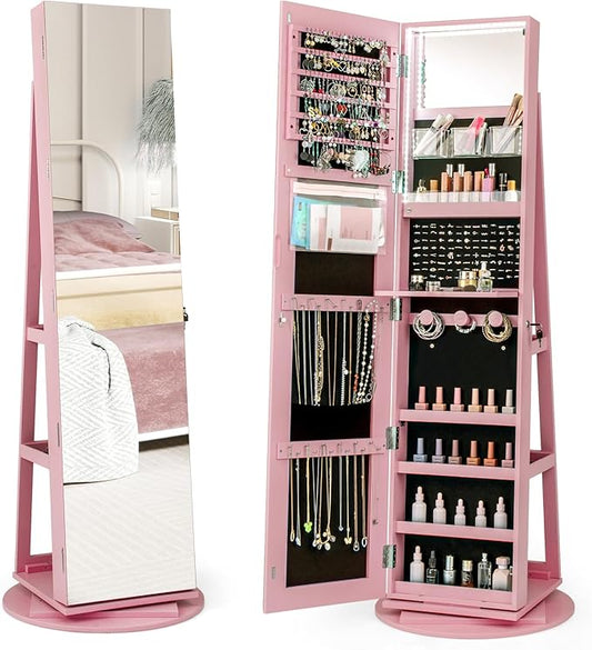 Mirror Jewelry Cabinet Standing with Full Length Mirror, 360Â° Swivel Jewelry Armoire with 3-Color LED Lights & Foldable Makeup Shelf, Lockable Organizer for Women, Space-Saving (Pink)