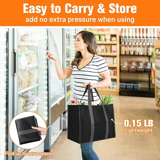 WISELIFE Reusable Grocery Bags with Handles - 8 Pack, 35L Large Shopping Bags for Groceries, Water-Resistant & Foldable Grocery Totes for Lasting Use for Kitchen, Market, Car Trunk, Picnic (Black)