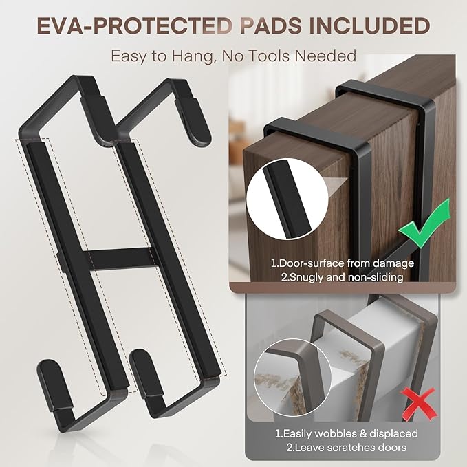 FYY 2 Packs Over The Door Hooks, Double Sided Door Hanger Hook - Heavy Duty No Drill Wall Hooks for Hanging Coats, Towels, Bags, Kitchen Closet Fits Most Doors Up to 1-7/8" Thickness (5.12" L, Black)