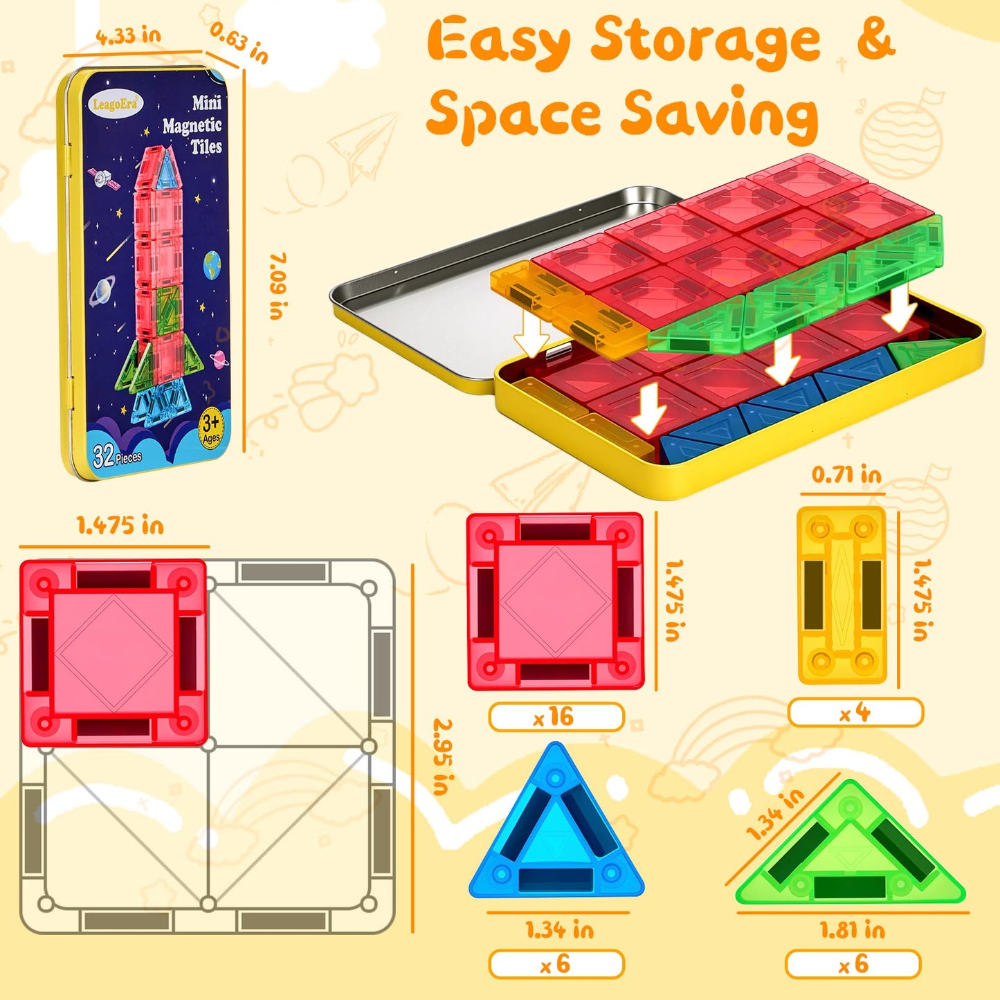 Magnetic Tiles Building Blocks Toy Set: Portable Mini Size Magnetiles Travel Set 32 Pieces with Iron Tin Construction Toys Gift for Kids Girls and Boys Ages 3-12 Years Old School Classroom Must Haves