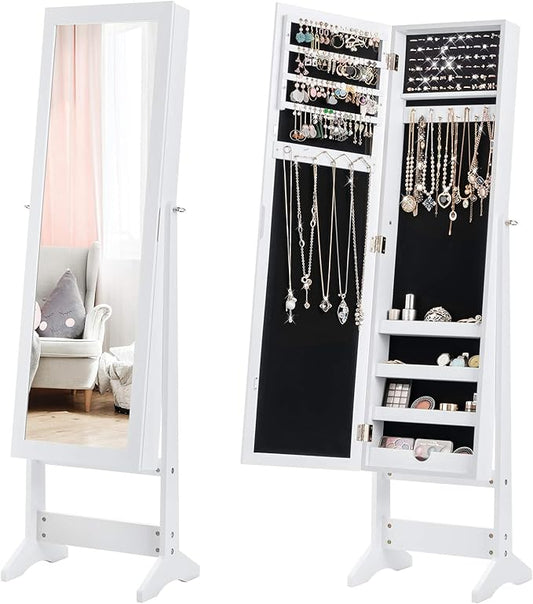 Giantex Jewelry Cabinet with Full-Length Mirror, Standing Jewelry Armoire Organizer with 64 Earring Slots, 72 Ring Slots, 20 Necklace Hooks, 4 Storage Shelves, 3 Angle Adjustable (White)