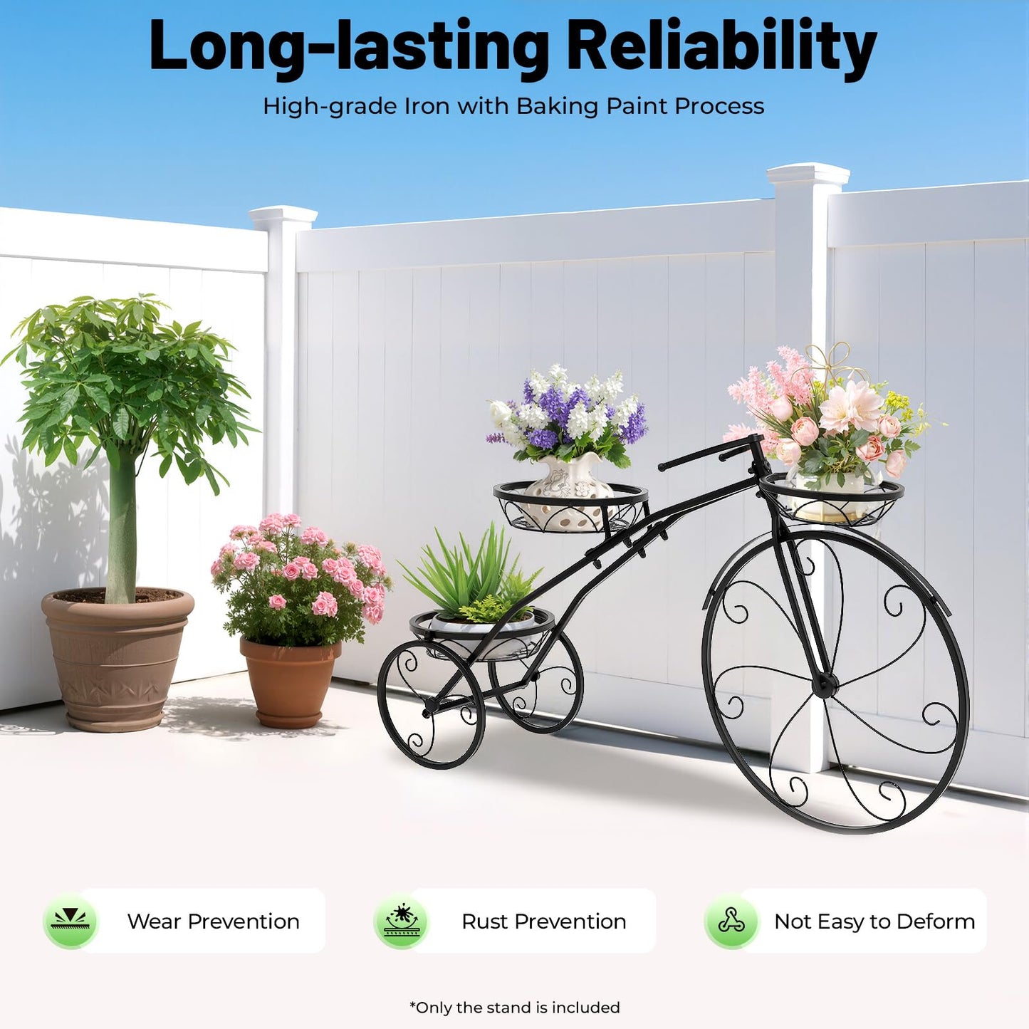 GQWQNIO Metal Bicycle Planter, 3 Tier Tricycle Flower Plant Stand with 3 Decorative Wheels, Garden Decor for Indoor Outdoor Patio Yard (Black)