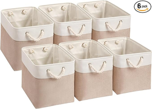 Mangata Canvas Storage Boxes, 13 Inch Cube Storage Bins Set of 6, Fabric Baskets with Cotton Rope Handle for Organizing Clothes Nursery Home (Khaki/White)