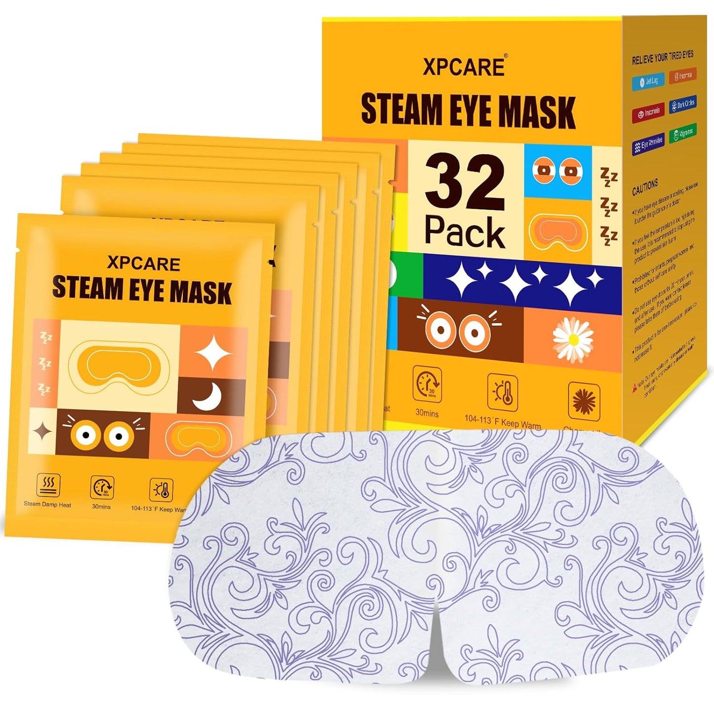 XPCARE 32 Pack Steam Eye Masks for Dry Eyes, SPA Warm Sleep Eye Mask, Disposable Heated Eye Mask for Dark Circles, Puffy Eyes, Relief Stress Eye Fatigue(Chamomile)