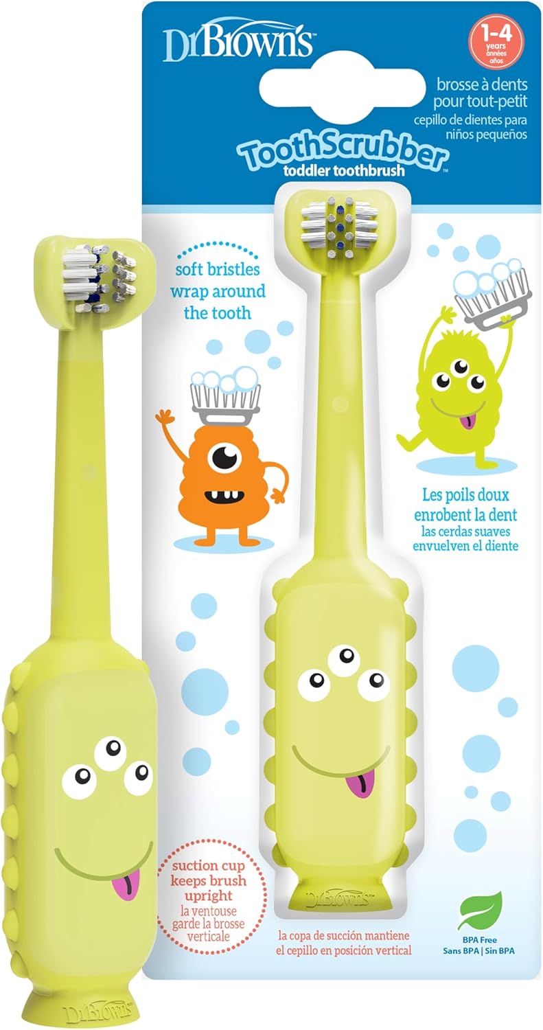 Dr. Brown's ToothScrubber Toddler Toothbrush, Triple-Sided Training Toothbrush with Suction Cup Base, Green Monster, Baby Oral Care, Ages 1-4 Years