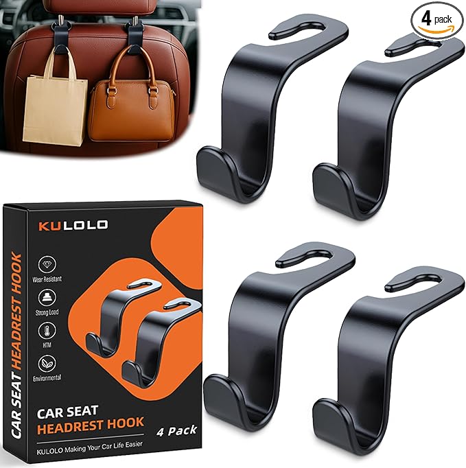 Car Seat Hooks & Purse Holder - 4 Pack Boxed,55 lb Heavy Duty,Eco PP Car Hooks for Purse/Bag/Baby Gear/Gym Bag/Groceries/Cup/,Fits 0.32-0.55âCar Headrest Rods (Black)
