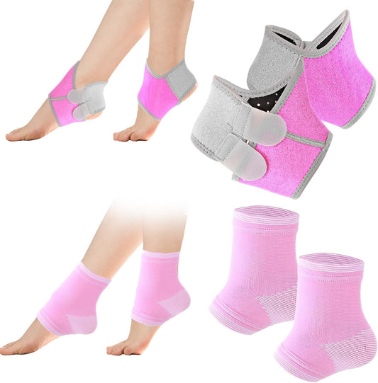 Prasacco Kids Ankle Brace Set, 2 Pairs Compression Socks & Adjustable Support Sleeves for Injury Prevention, Medium（Pink）