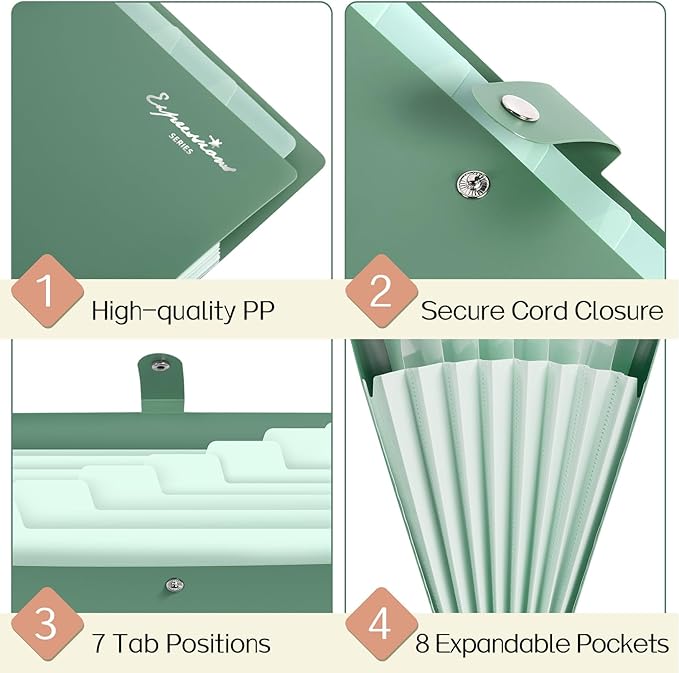 Sooez Elegant Accordion File Organizer, 8 Pocket Expanding File Folders with Labels, Portable Folder for Documents, Cute Paper Organizer for School Office Supplies, Letter Size, Light Green