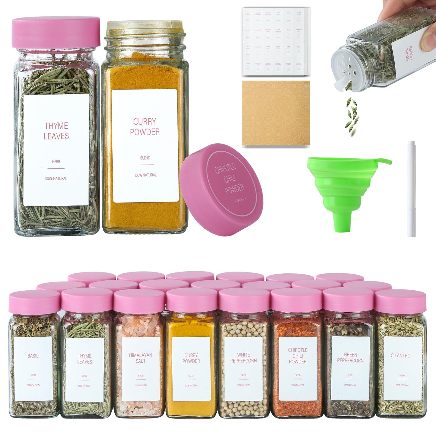 TESUNMU Pink Spice Jars with Label，4oz Seasoning Containers, Glass Spice Bottles with Shaker Lids,Funnel, Chalk Pen(Pink, 36)